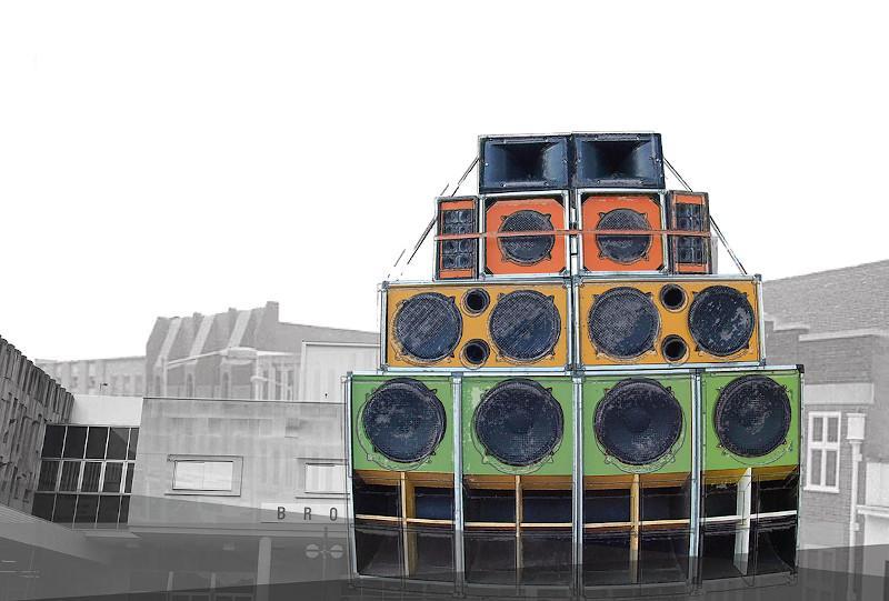 The promotional image for The Sound, featuring a collection of speakers with Reading's Broad St Mall in the background