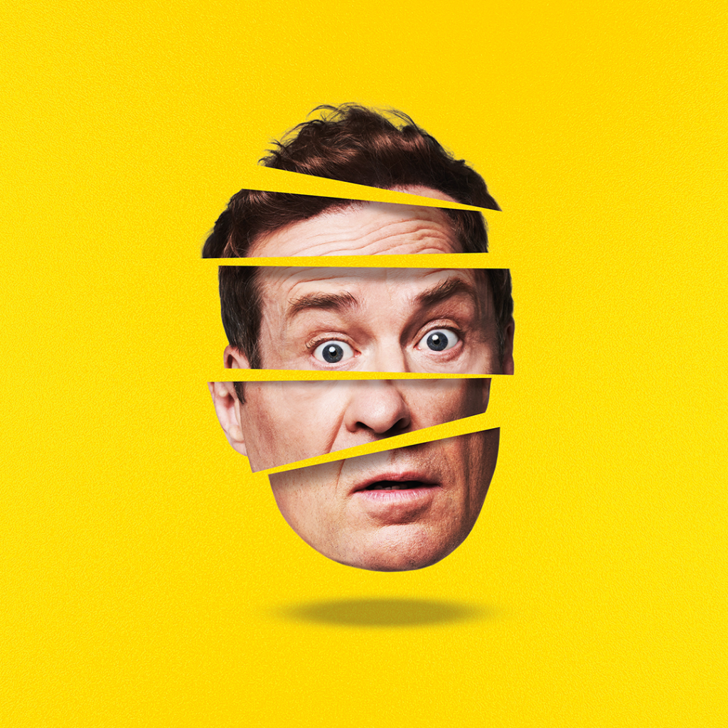 A picture of Ardal O'Hanlon's head, but the picture has been chopped into five pieces. There is a yellow background