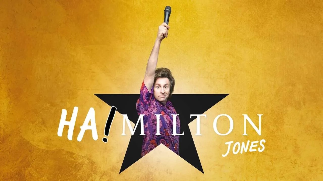 Poster advertising Hamilton Jones new stand-up show Ha!Milton Jones. Milton Jones is in a star holding aloft a microphone