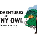 Show image for The Adventures of Tawny Owl. It includes the show's title and subtitle: The Adventures of Tawny Owl A Musical Comedy Odyssey. Tawny Owl is pictured holding a microphone and wearing a brown jacket. In the background, a van shaped like a block of cheese is driving on a road in the countryside