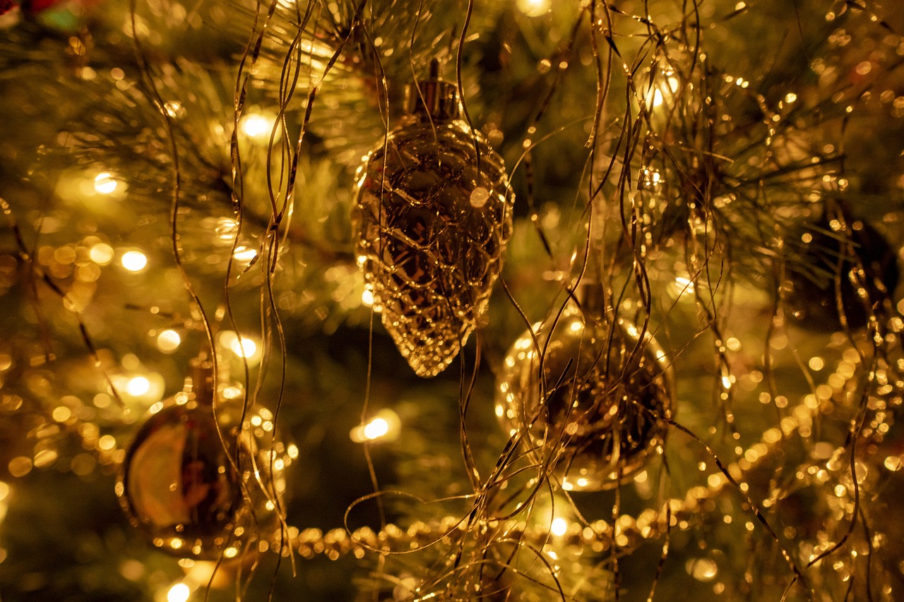 Some festive decorations on a Christmas tree