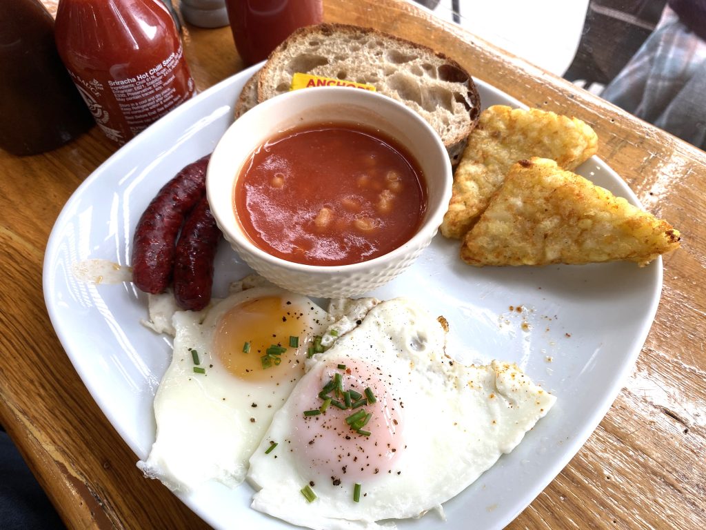 The Monty's breakfast meal includes toast, hash browns, baked beans, two fried eggs, lamb sausages and, not pictured, grilled tomatoes