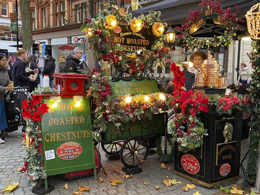 A stall selling roast chestnuts in Reading town centre