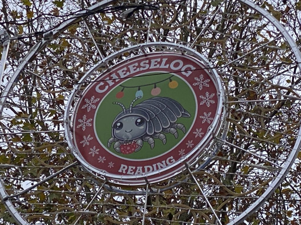 A circle showing a cartoon drawing of a cheeselog (a woodlouse) in Reading town centre. IN the background are leaves from trees