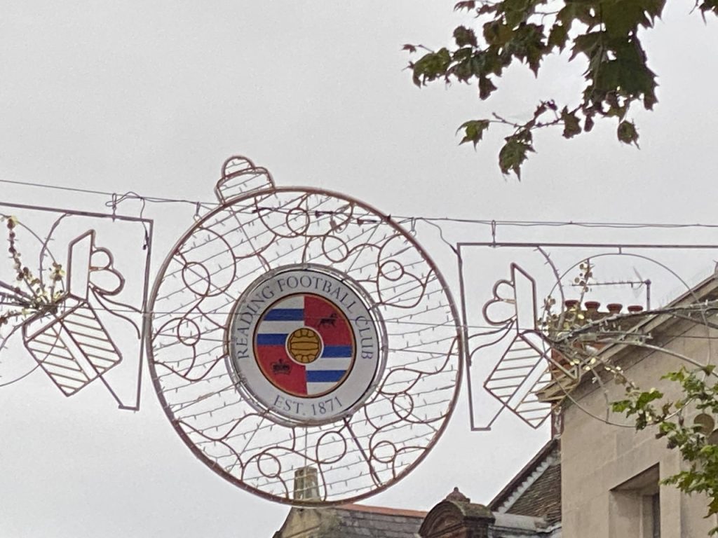 The logo of Reading FC is featured in the middle of this bauble, part of Reading's Christmas lights