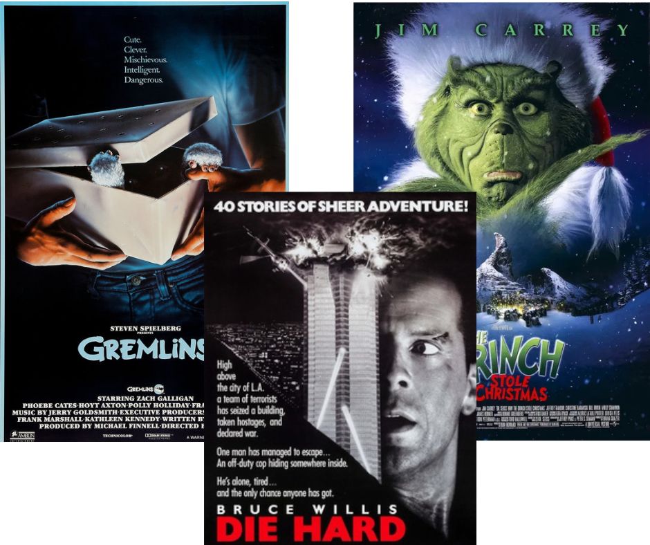 Film posters for Gremlins, Die Hard and How The Grinch Stole Christmas – three films set at Christmas and being shown at Brewdog Reaidng