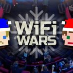 The logo for WiFi Wars featuring two faces made from pixels. They are wearing Santa hats - on the left a blue hat, on the right, a red hat. In the middle is a snowflake on top of which are the words WiFi Wars