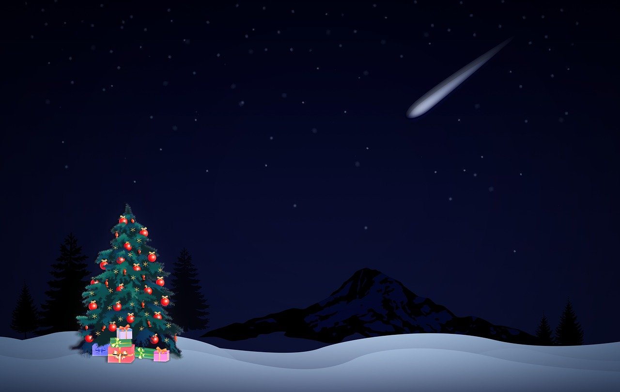 A Christmas tree in the open, decorated with fairy lights and presents with a shooting star in the night sky