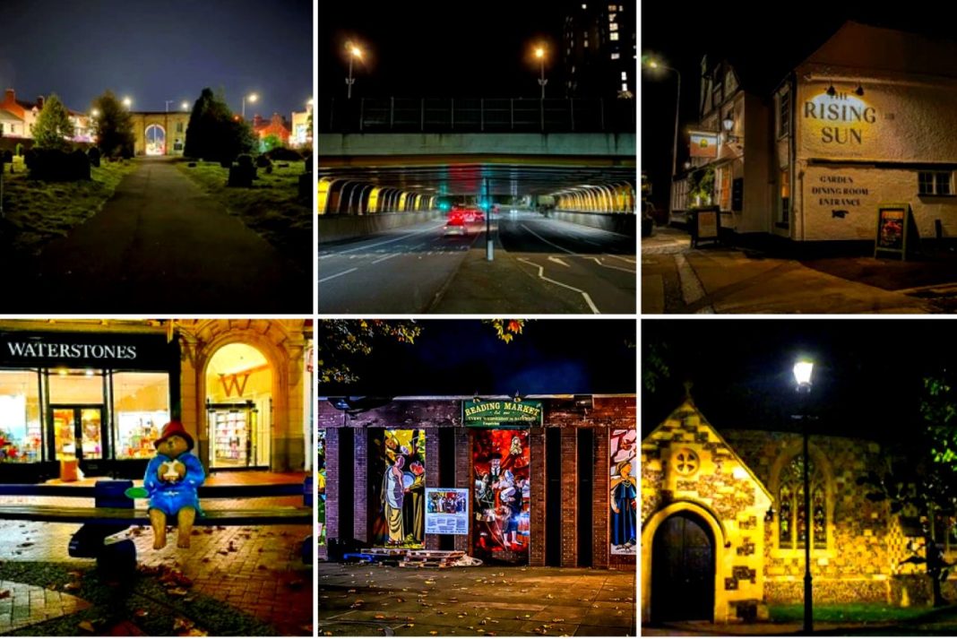 Some of the images from Leslee Barron's Reading At Night calendar. Clockwise from left: Reading Cemetery lit up from within the cemetery, the railway bridge on Vastern Road, the new Rising Sun pub, a doorway into Reading Minster church, artwork on the wall of Reading Market, Paddington Bear outside Waterstones