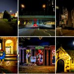 Some of the images from Leslee Barron's Reading At Night calendar. Clockwise from left: Reading Cemetery lit up from within the cemetery, the railway bridge on Vastern Road, the new Rising Sun pub, a doorway into Reading Minster church, artwork on the wall of Reading Market, Paddington Bear outside Waterstones