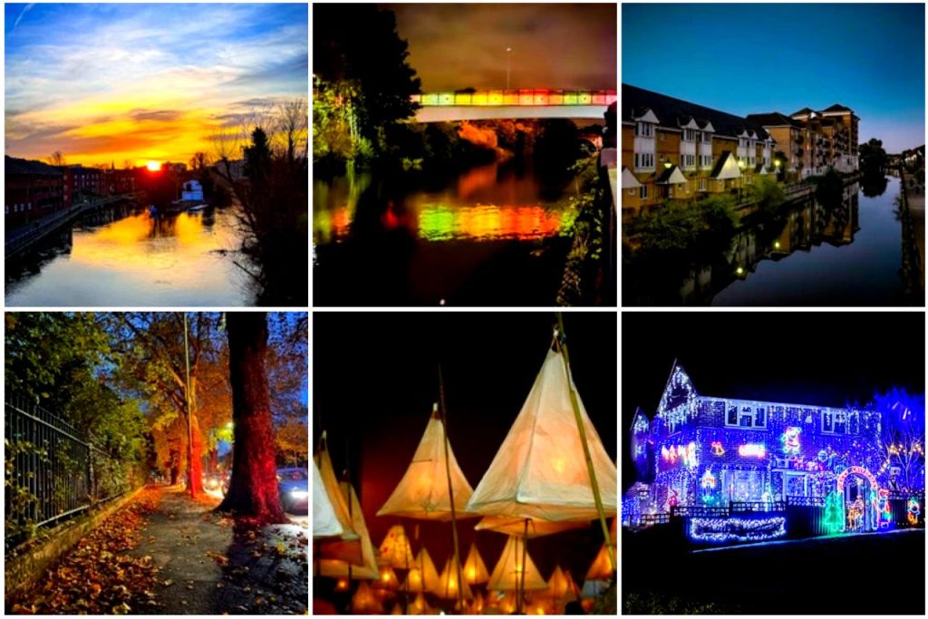 Some of the images from Leslee Barron's Reading At Night calendar. Clockwise from left: Three views of the Kennet and Avon Canal in Newtown, a house festooned with Christmas lights, lanterns from the Reading Lantern Parade, London Road tree lit up by car lights Pictures © Leslee Barron