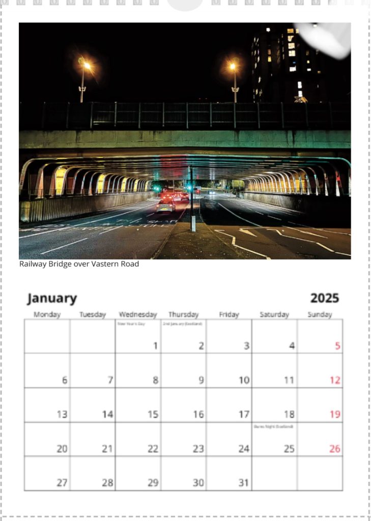 A page from Leslee Barron's calendar showcasing January 2025. The picture pf of the railway bridge over Vastern Road Pictures © Leslee Barron