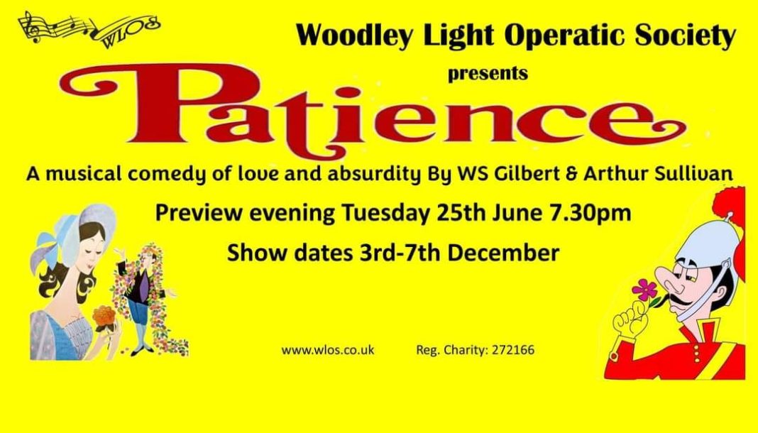 a yellow poster with red text for Patience, the new musical from Woodley Light Operatic Society