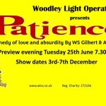 a yellow poster with red text for Patience, the new musical from Woodley Light Operatic Society