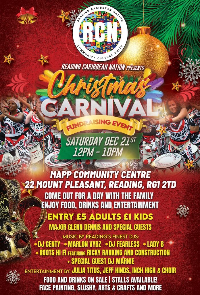 a red and white poster with text and images promoting the Christmas carnival