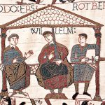 Image from the Bayeux Tapestry showing William The Conqueror with his half-brothers. William is in the centre, Odo is on the left with empty hands, and Robert is on the right with a sword in his hand