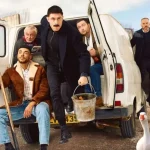 Boys From The Blackstuff publicity image featuring the main cast hanging out of the back of a white van