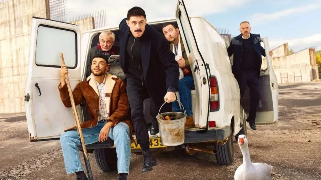 Boys From The Blackstuff publicity image featuring the main cast hanging out of the back of a white van