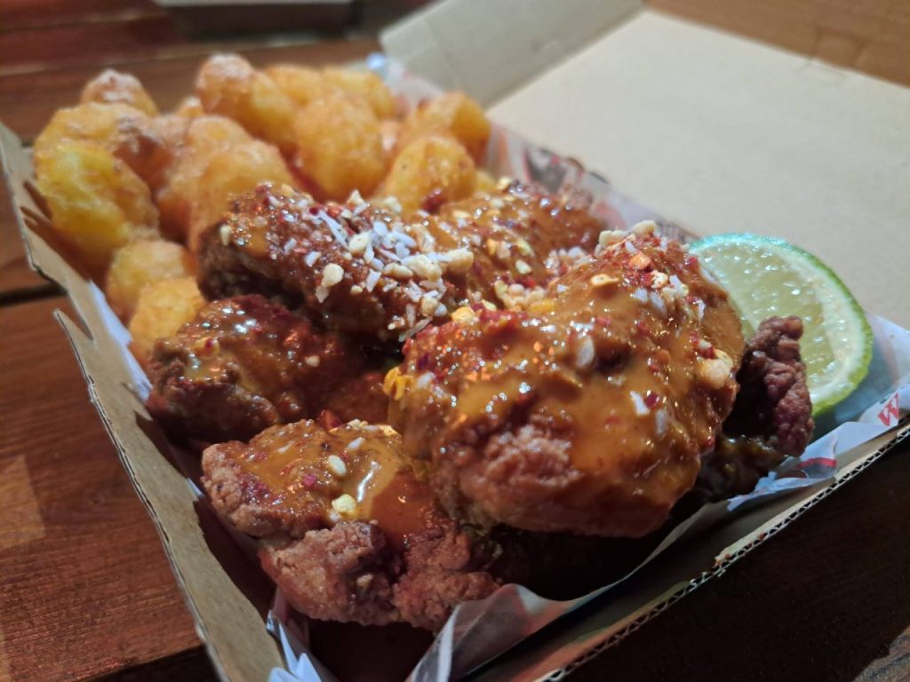 Our Gurt Wings strips meal with tater tots