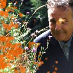 Rob Newman on the right of the picture. His face is partially obscured by a butterfly. He is outdoors and next to some flowers - probably poppies