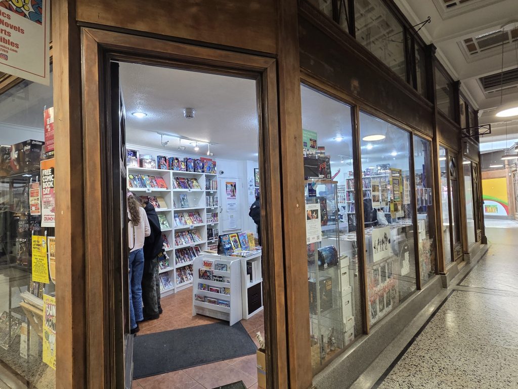 The facade of Crunch Comics in Harris Arcade