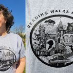 Reading Walks has released a T-shirt for the festival this May - it is worn by a model, pictured on the left. On the right is a close-up of the design showing Reading landmarks