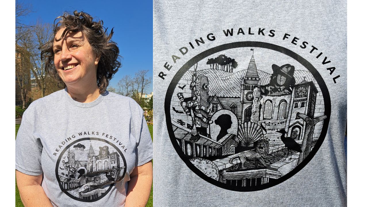 Reading Walks has released a T-shirt for the festival this May - it is worn by a model, pictured on the left. On the right is a close-up of the design showing Reading landmarks