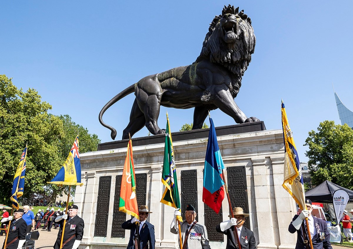 Armed Forces Day is returning to Reading's Forbury Gardens. Pictured are some Gurkhas holding their regimental colours in front of the Maiwand Lion