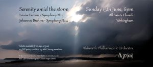 The Aldworth Philharmonic Orchestra information flyer for their June concert detailing the names of the pieces being performed, the venue and the ticket costs. The image is the sun breaking through the clouds
