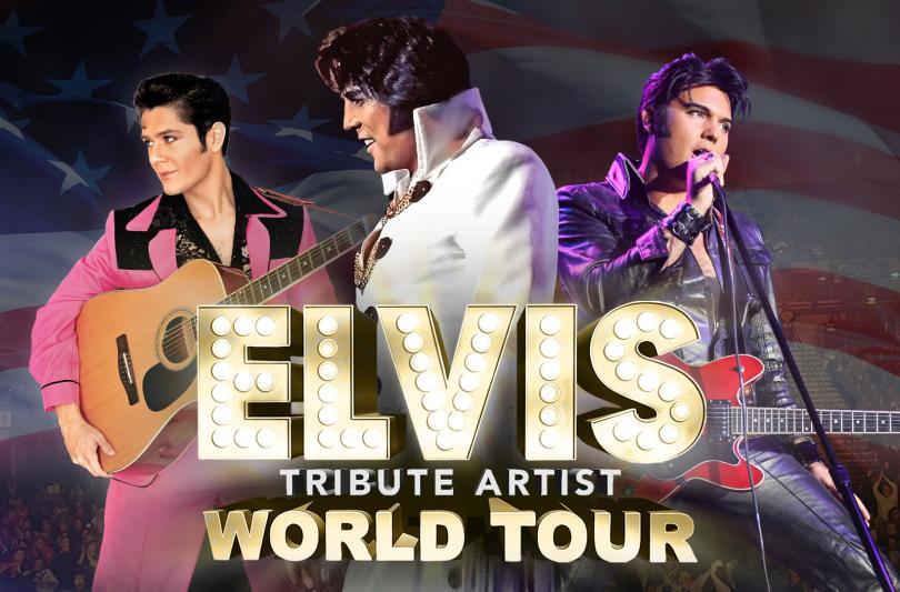 The Elvis World Tour promotional image featuring three tribute acts to Elvis Presley and the logo