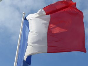 The French flag flying in a breeze. Reading Bastille Day festival takes place in Forbury Gardens