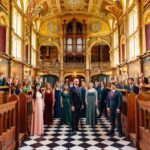 The Choir of Royal Holloway standing in a church. There is a black and white chequered floor, church pews and ornate walls