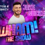 A promotional image for Wham! The Show starring Jake Quickenden. He is dressed in iconic 1980s style, reminiscent of George Michael, featuring a leather jacket and classic accessories. The background is vibrant and colorful, reflecting the high energy and party atmosphere of the tribute production