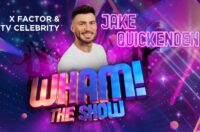 A promotional image for Wham! The Show starring Jake Quickenden. He is dressed in iconic 1980s style, reminiscent of George Michael, featuring a leather jacket and classic accessories. The background is vibrant and colorful, reflecting the high energy and party atmosphere of the tribute production