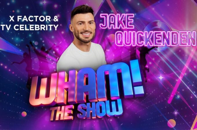 A promotional image for Wham! The Show starring Jake Quickenden. He is dressed in iconic 1980s style, reminiscent of George Michael, featuring a leather jacket and classic accessories. The background is vibrant and colorful, reflecting the high energy and party atmosphere of the tribute production