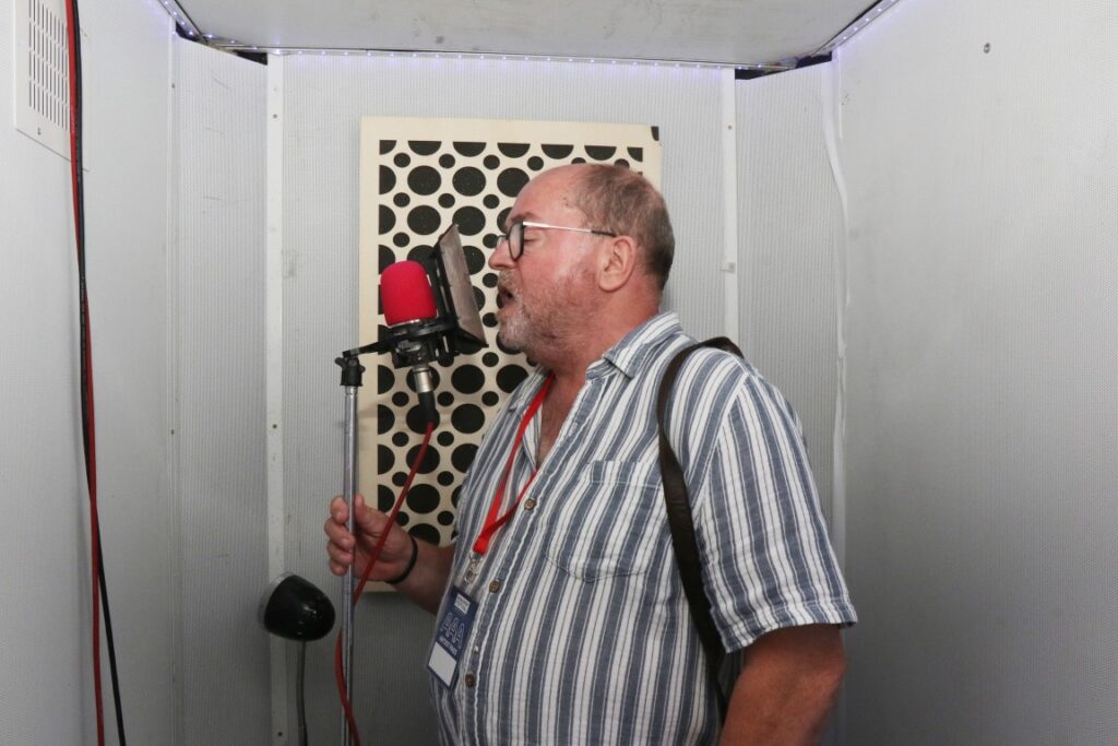 Readipop chairman Chris Bloomfield has a go in a recording booth
