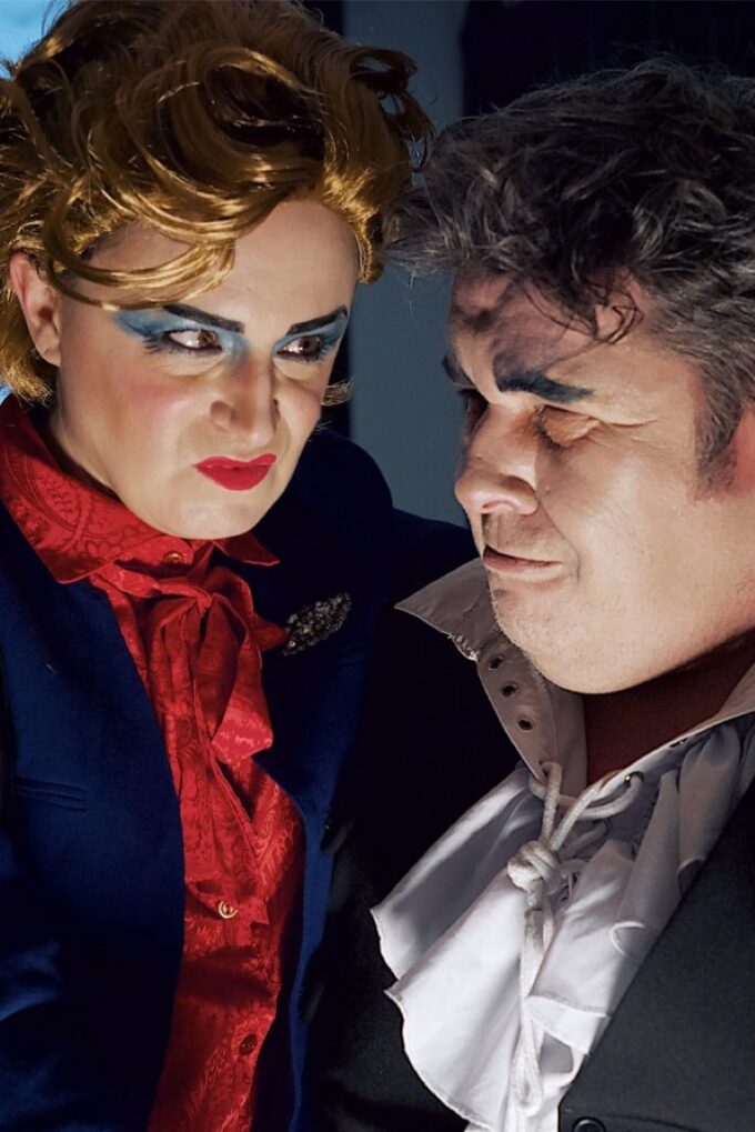 Margaret Thatcher (played by Laura Clare Reid) and Andrew Lloyd Webber (Grant Sharkey) in a scene from the satirical musical Webber! Picture: Benny Curtis