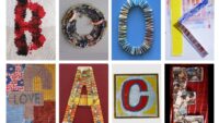 A two-row grid of eight square panels spelling out the words BOOK FACE in diverse artistic and mixed-media formats. The top row shows the letters B in red and black ink print on fabric, O as a circular beaded collage with small doll parts, O as folded pleated paper on a blue background, and K in a 3D folded paper construction. The bottom row displays F stitched in embroidered fabric patchwork, A wrapped in colourful threads and beads, C painted inside a print block square, and E formed from a collage of vintage monochrome photographs.