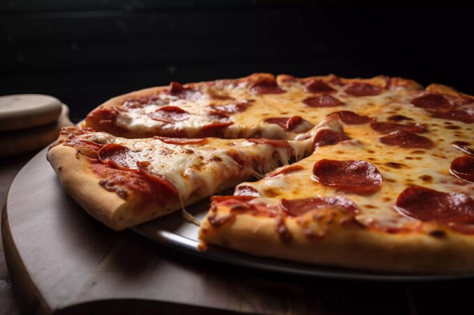 A freshly baked pepperoni pizza with melted cheese and a slice being pulled away, served on a round wooden board.