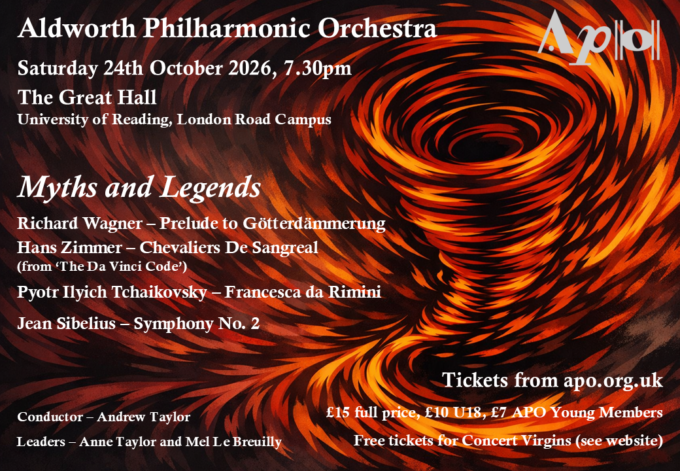 Concert poster for Aldworth Philharmonic Orchestra's Myths and Legends performance, featuring a swirling fiery vortex background and programme details