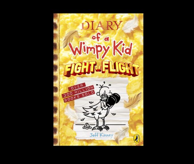Book cover of Diary of a Wimpy Kid: Fight or Flight showing a cartoon chicken wearing black boxing gloves against a bright yellow feathered background